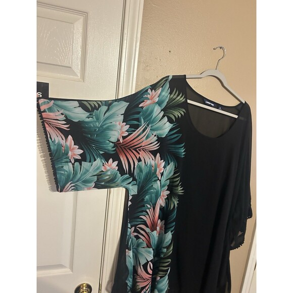 Lands End Women Swim Cover up Tunic Size 1X Sheer Black Floral Trim Beach Palm - Picture 4 of 8
